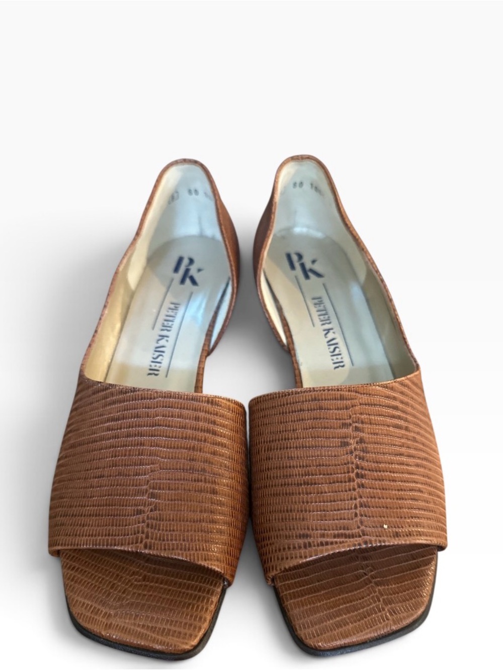 Peter Kaiser Brown Lizard Textured Peep-Toe Low Wedge Shoes